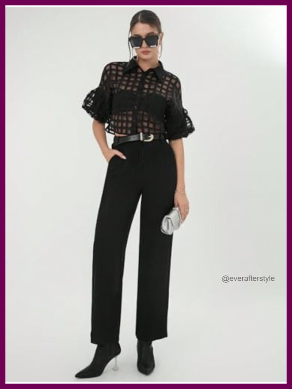 Sheer Mesh Plaid Button Down Crop Top Puff Sleeve Blouse - Picture 2 of 4